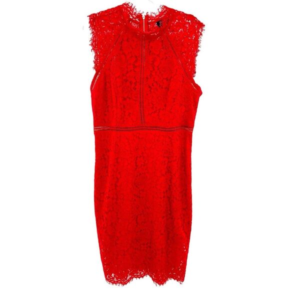 BARDOT Red Lace Mock Neck Lined Sheath Dress Size US 10 / Large Wedding Guest - Picture 2 of 8